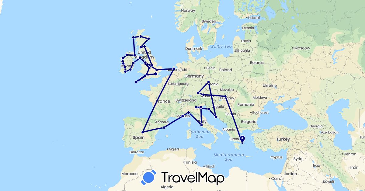 TravelMap itinerary: driving in Austria, Czech Republic, Germany, Spain, France, United Kingdom, Greece, Croatia, Hungary, Ireland, Isle of Man, Italy, Monaco, Netherlands (Europe)